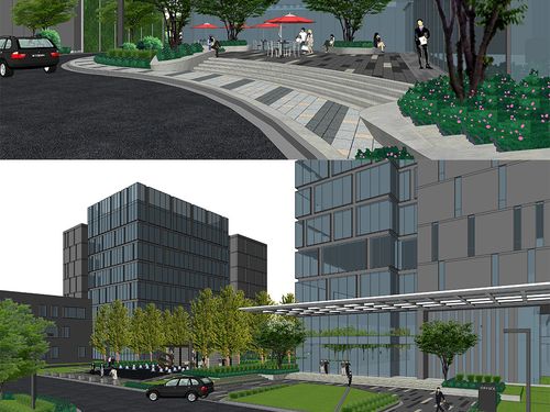 现代工厂高层建筑园林景观规划办公楼景观su模型
